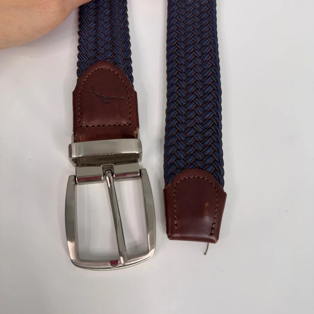 Tommy Bahama Belt Mens L/XL Blue Brown Braided Woven Leather Trim Casual Coastal